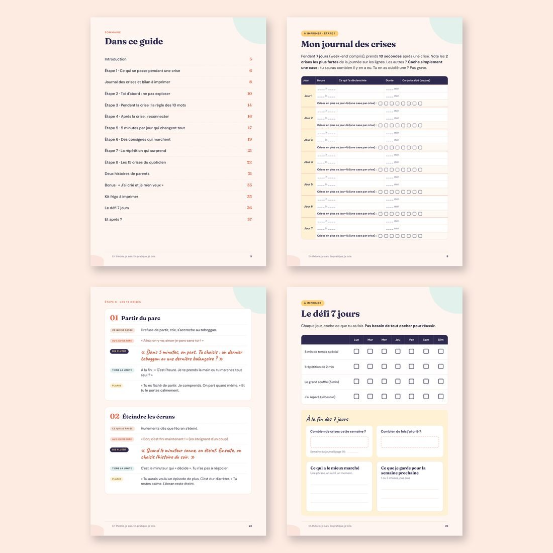 Aperçu de quatre pages du guide : sommaire, journal des crises, fiches des crises du quotidien et défi 7 jours